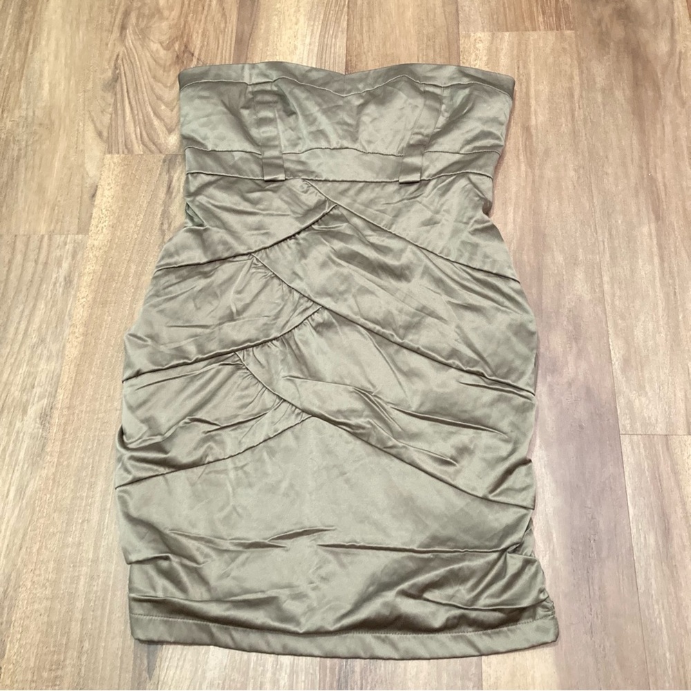 Vintage Y2K Strapless Olive Ruched Cocktail Dress Mcbling Satin-y